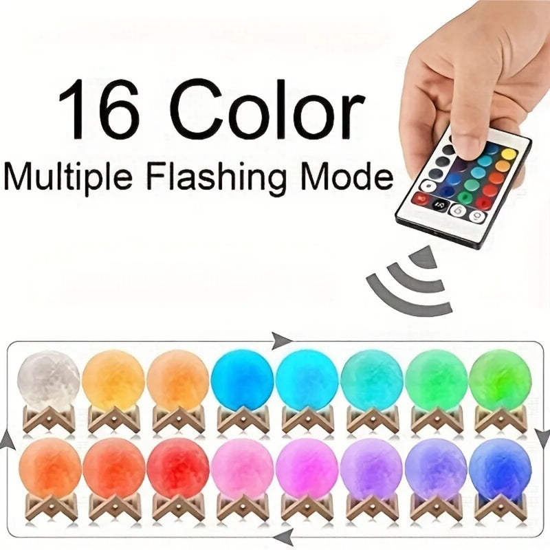 16 Colors 3D Printed Moon Lamp USB Plug LED Night Light with Wooden Stand Remote Control Adjustable Brightness Table Light